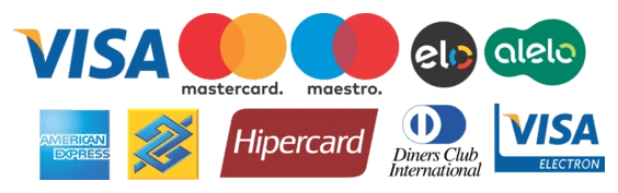 Bandeiras de cartão aceitas: Visa, Mastercard, Maestro, Elo, Alelo, American Express, Banco do Brasil, Hipercard, Diners Club e Visa Electron